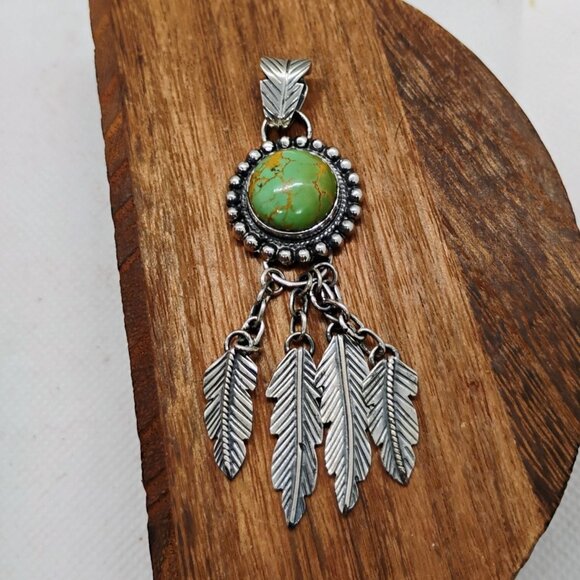 Southwest Green Turquoise Sterling Silver Feather Dangle Pendant Statement - Picture 1 of 9